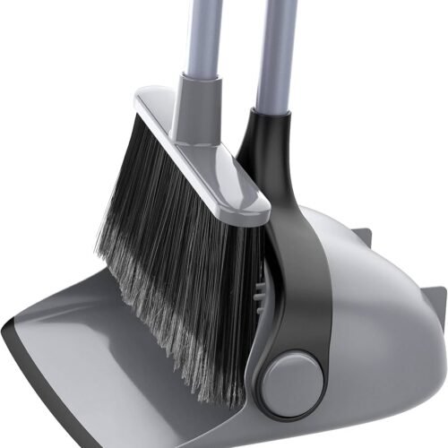 MR.SIGA Broom and Dustpan Set with Adjustable Long Handle Upright Combo for Floor Cleaning Lobby Gray